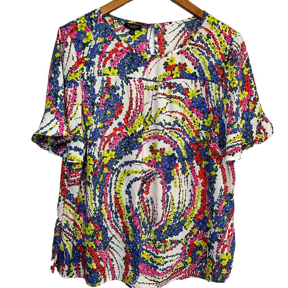 Talbots Ruffle Sleeve Floral Blouse 1XP XL Petite Top Shirt Womens Pink Romantic